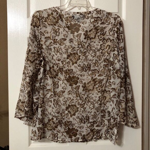 Susan Graver Blouse for Women Size XL Cream with Brown Floral and Gold Shimmer - Picture 5 of 9